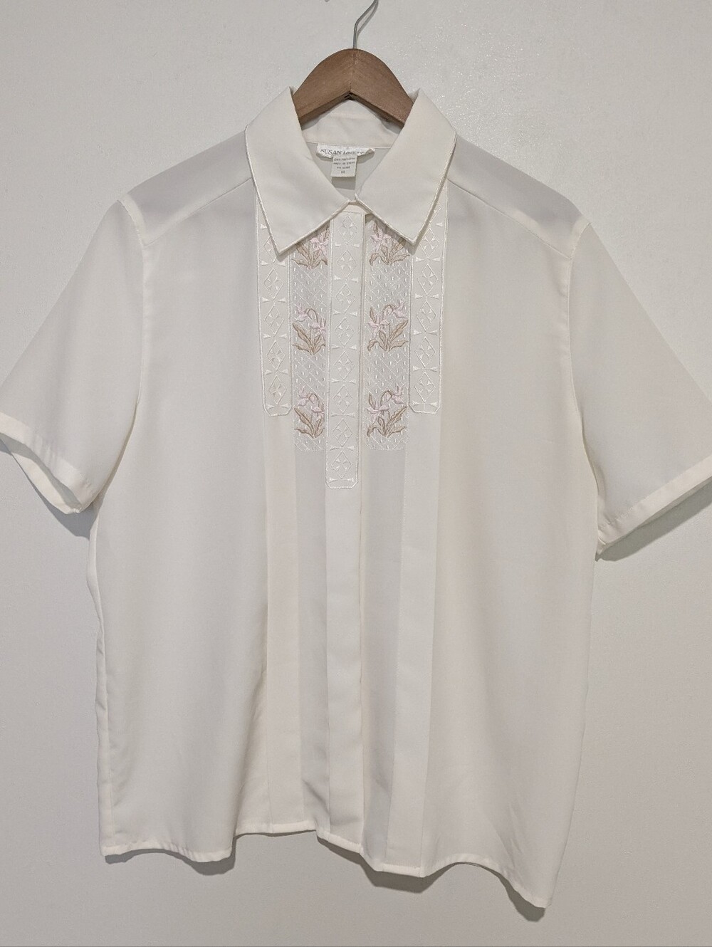 Vintage 80s Semi Sheer Off White Blouse Pleated Emb Short Sleeve L 14